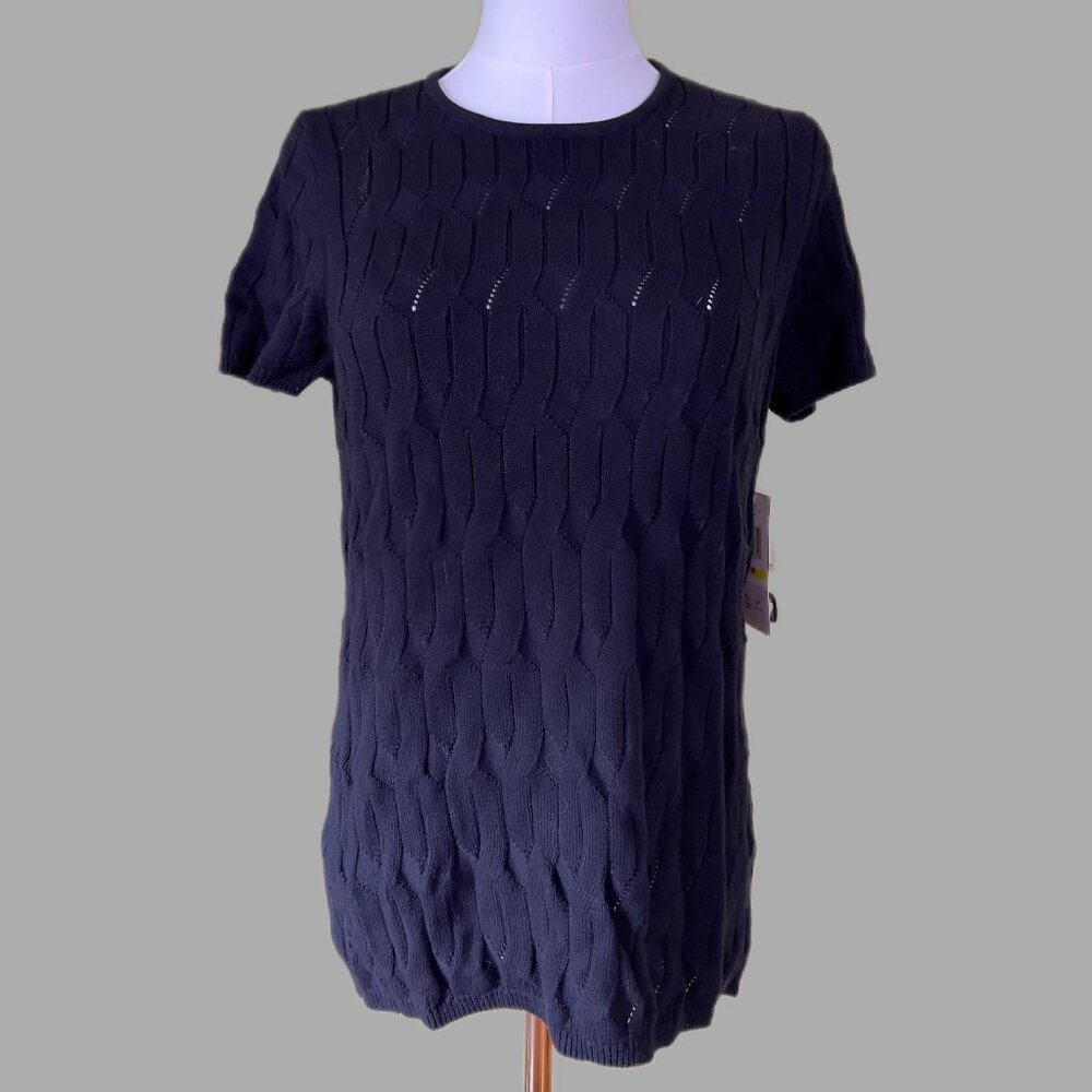 Calvin Klein Women's Short Sleeve Black Knit Sweater Top Size Petite Medium NWT